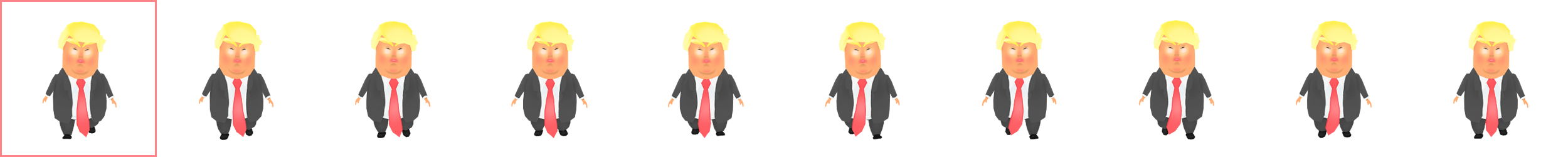Sprite sheet de Donald Trump — vue annotée avec les dimensions