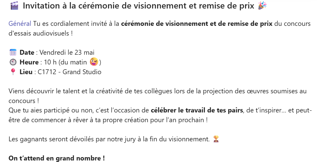 Invitation à la cérémonie de visionnement et remise de prix