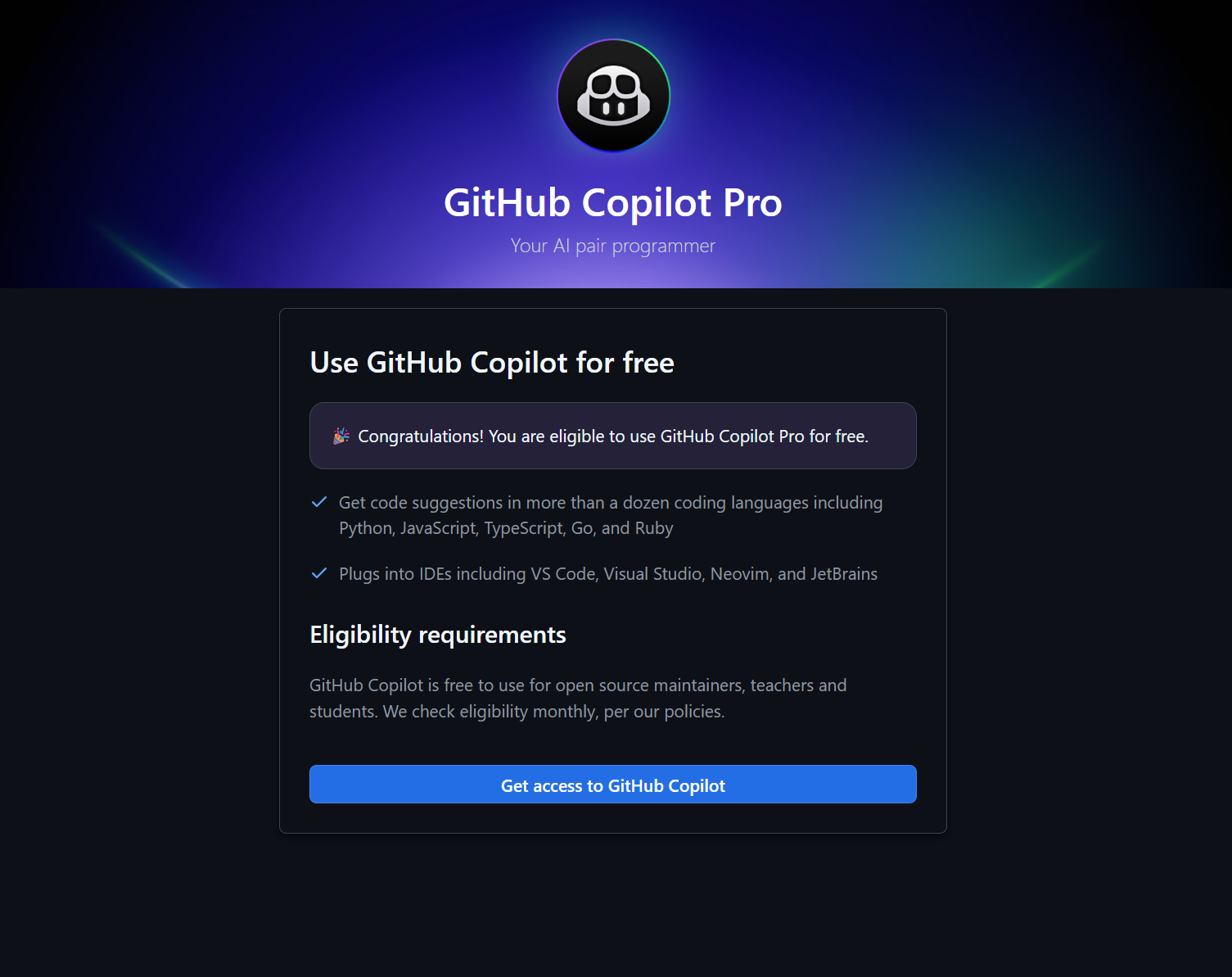 Activation GitHub Copilot Pro
