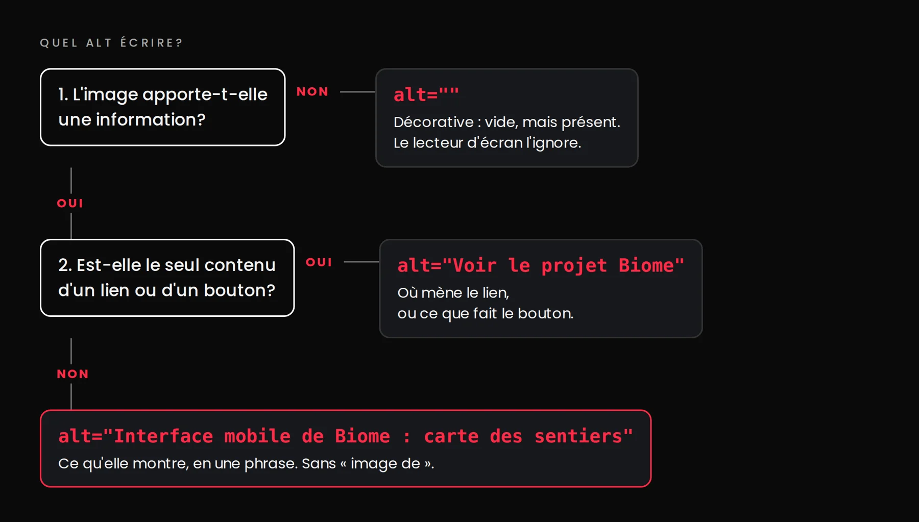 Arbre de décision pour écrire un alt. Question 1 : l'image apporte-t-elle une information? Si non, alt vide (image décorative). Si oui, question 2 : est-elle le seul contenu d'un lien ou d'un bouton? Si oui, l'alt dit où mène le lien, par exemple « Voir le projet Biome ». Si non, l'alt dit ce qu'elle montre en une phrase, par exemple « Interface mobile de Biome : carte des sentiers ».