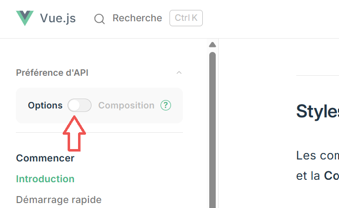 Bouton à bascule pour activer Options API dans la documentation Vue.js