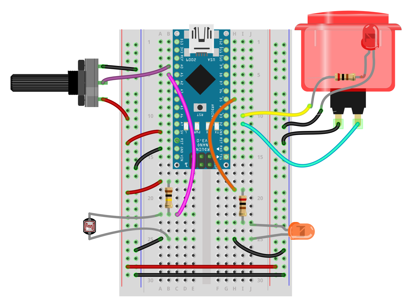Illustration d'un circuit avec un bouton d'arcade illuminé, une photorésistance et un potentiometre
