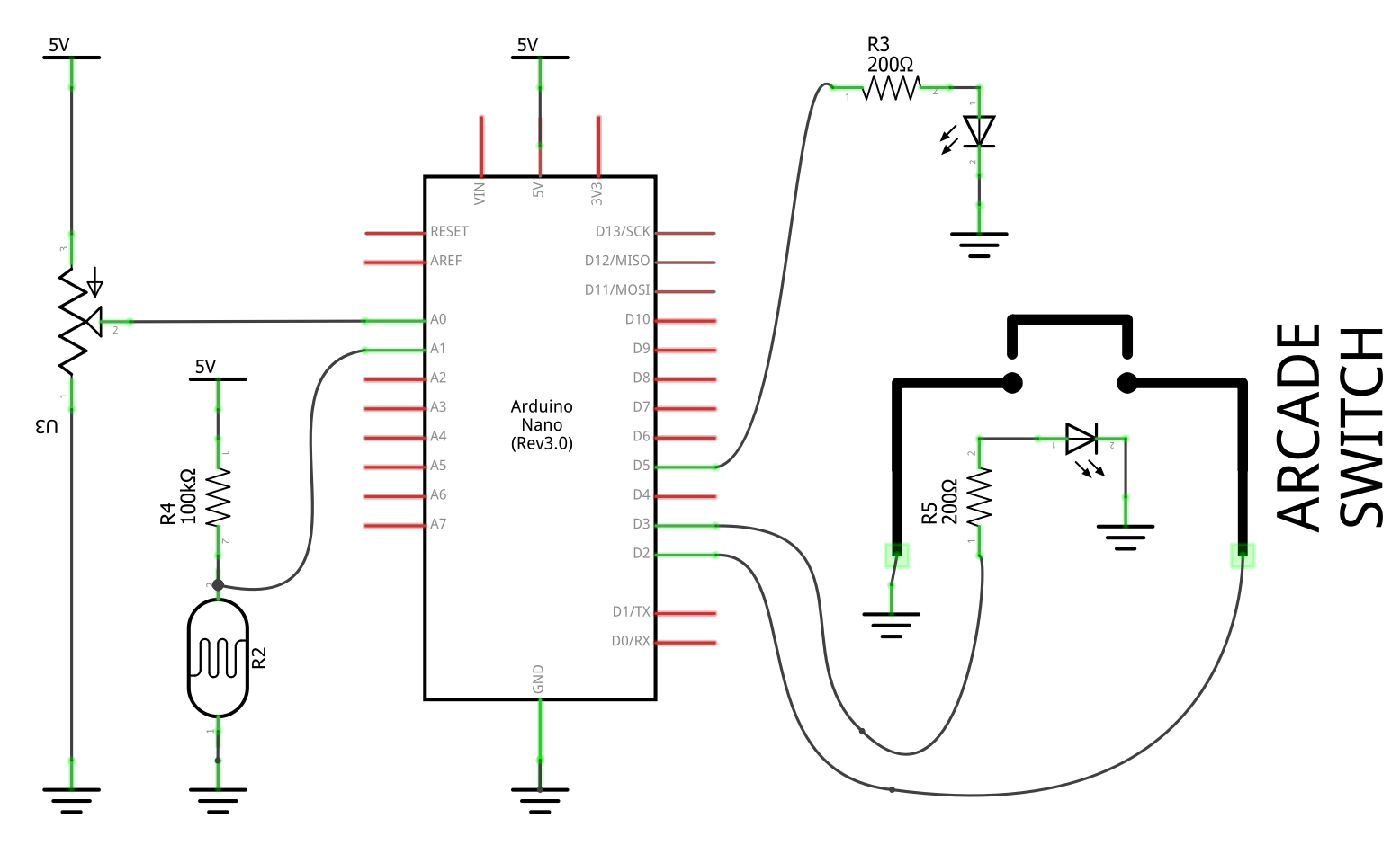 Schéma d'un circuit avec un bouton d'arcade illuminé, une photorésistance et un potentiometre