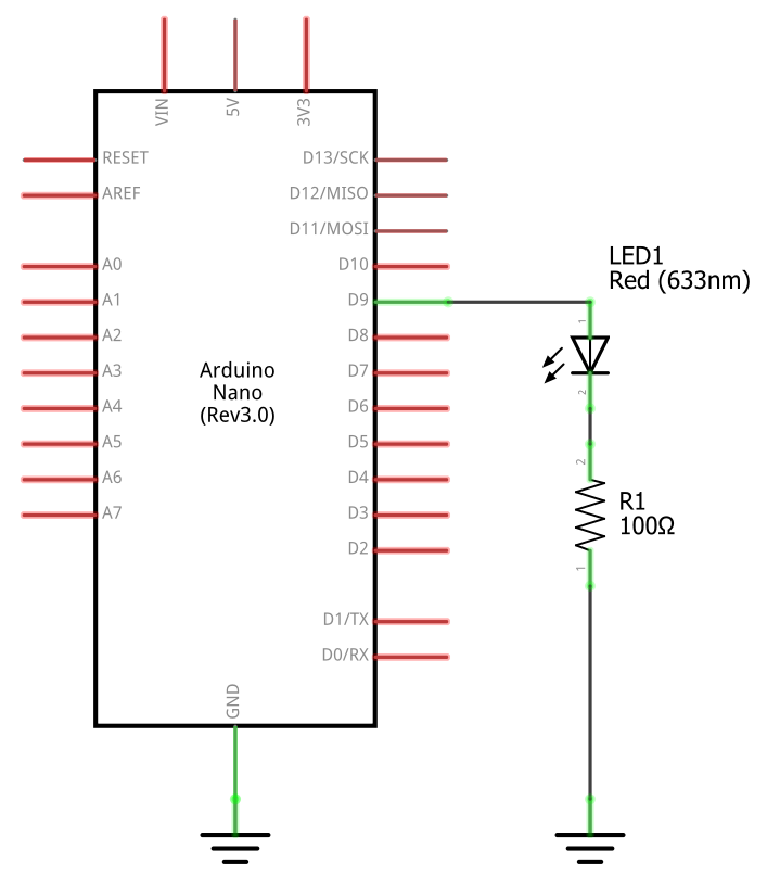 Une DEL branchée à une sortie analogique de l'Arduino