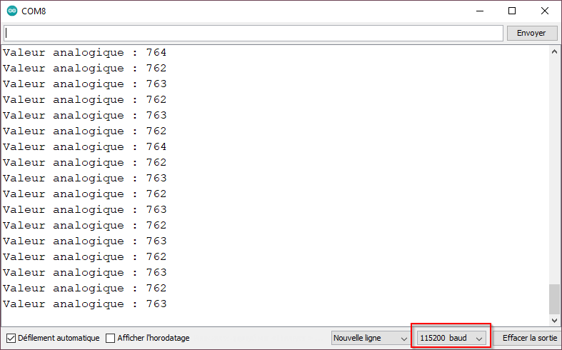 Résultat du débogage analogique dans le moniteur série
