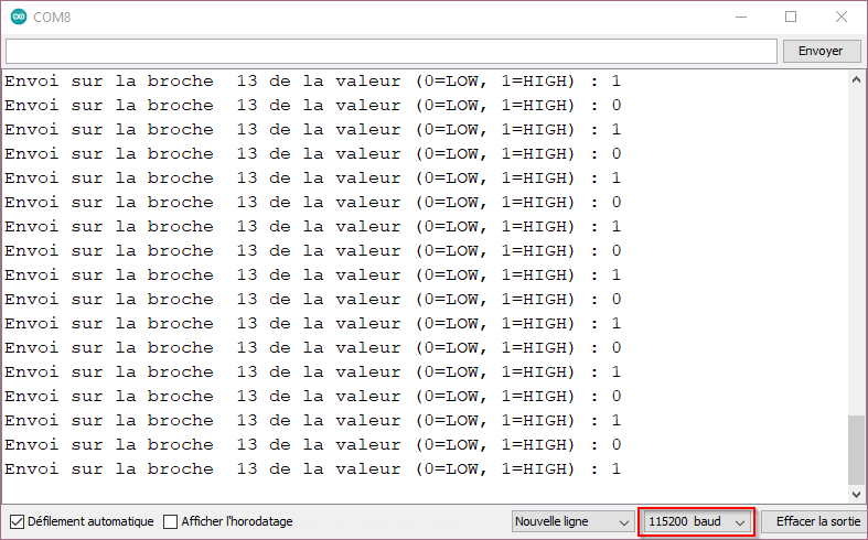 Résultat du débogage de la sortie numérique dans le moniteur série