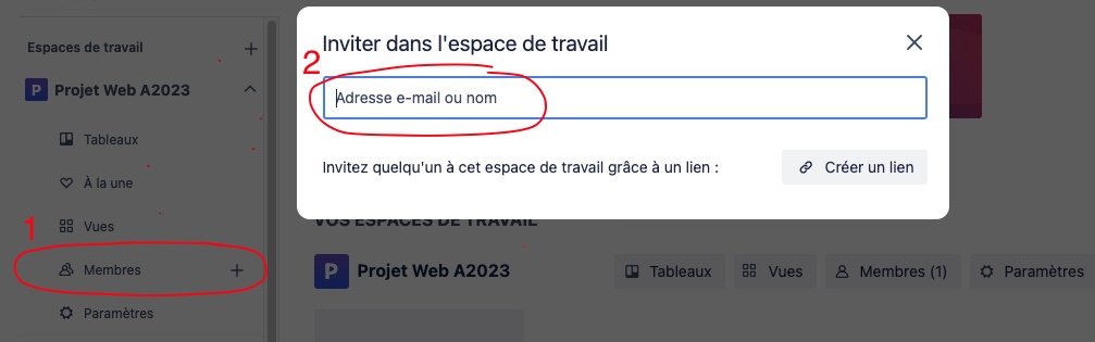 Modal pour inviter une membre à l'espace de travail