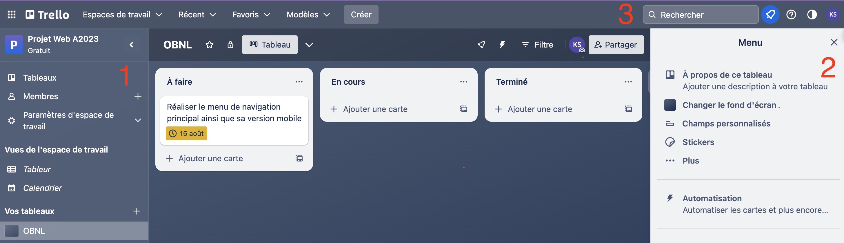 Menus contextuels de l'interface Trello