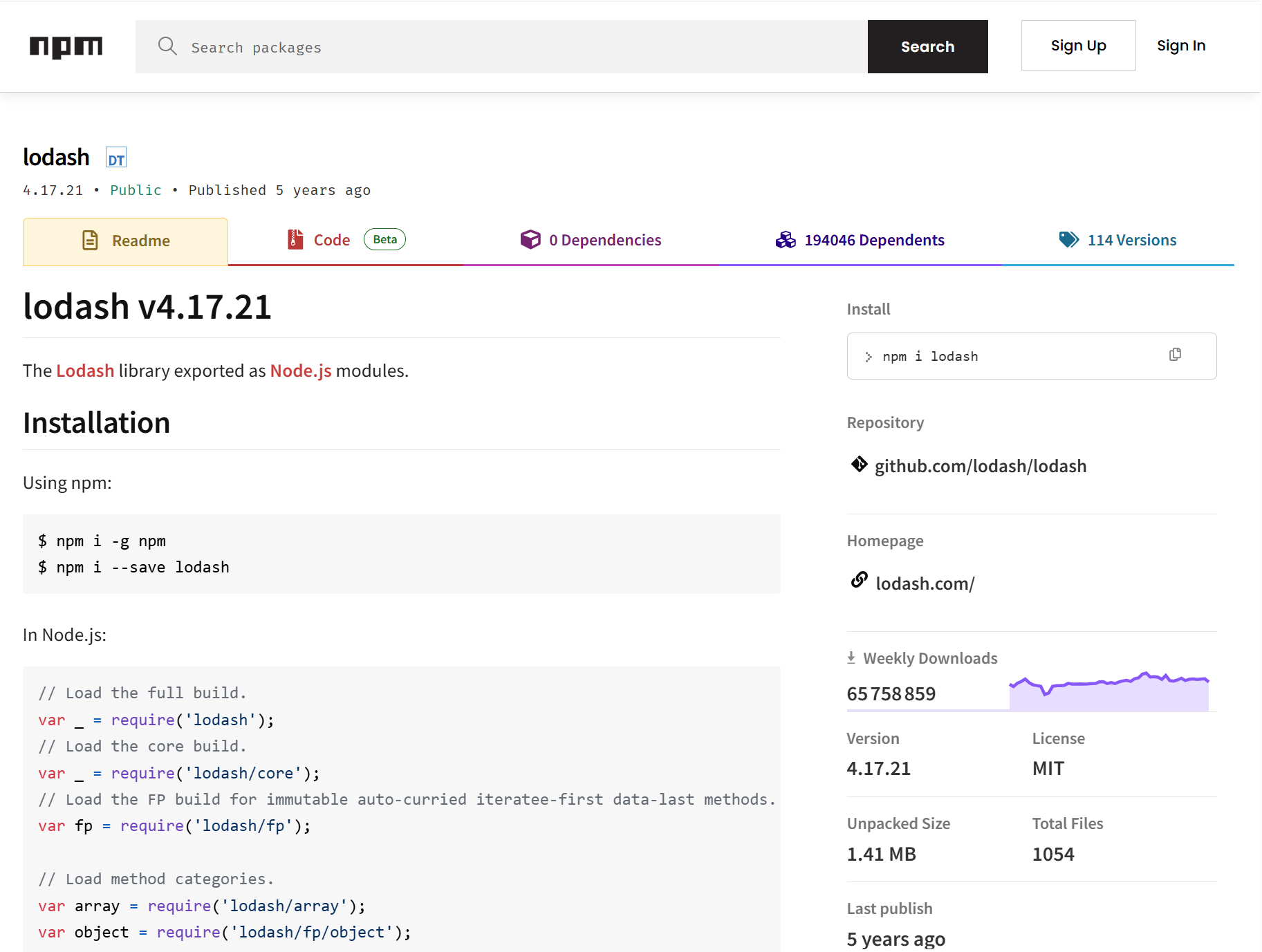 Impression écran de ce qu'on voit sur NPM dans une page de paquet commme lodash