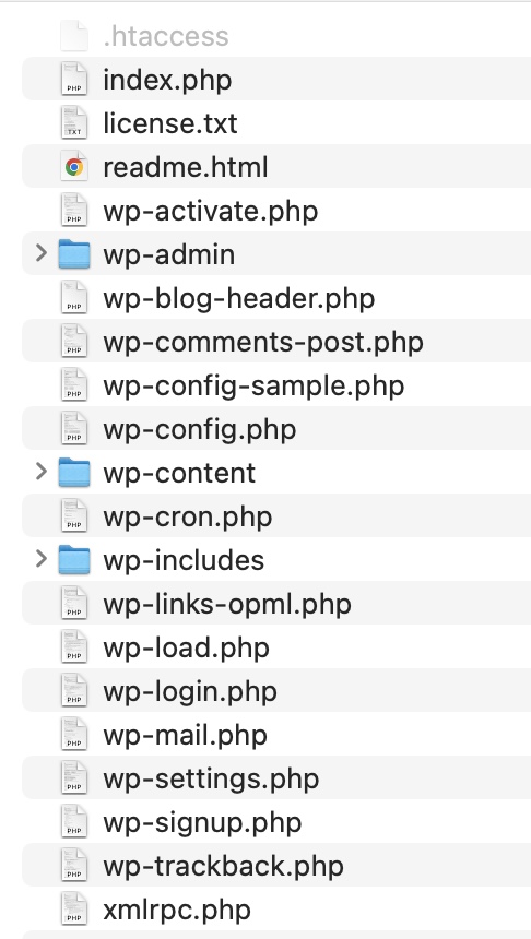 liste de fichiers de base d'une installation WordPress
