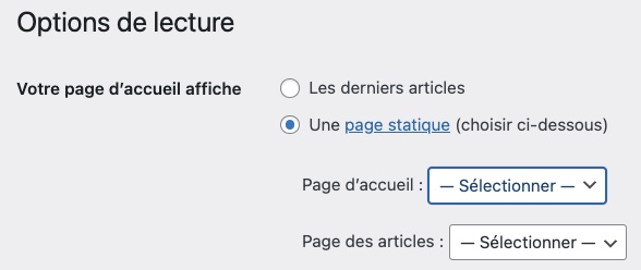 Réglage pour page accueil dans le tableau de bord de Wordpress