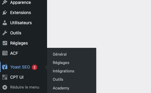 SEO dans la barre lattérale gauche pour ouvrir Yoast SEO.